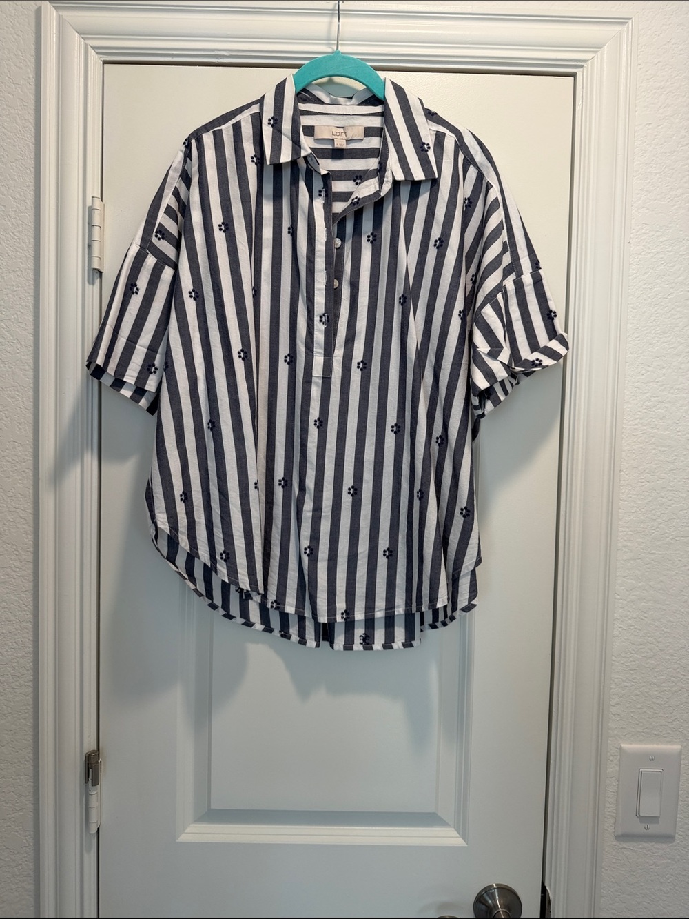 LOFT Navy and White Striped Short Sleeve Button Down Shirt